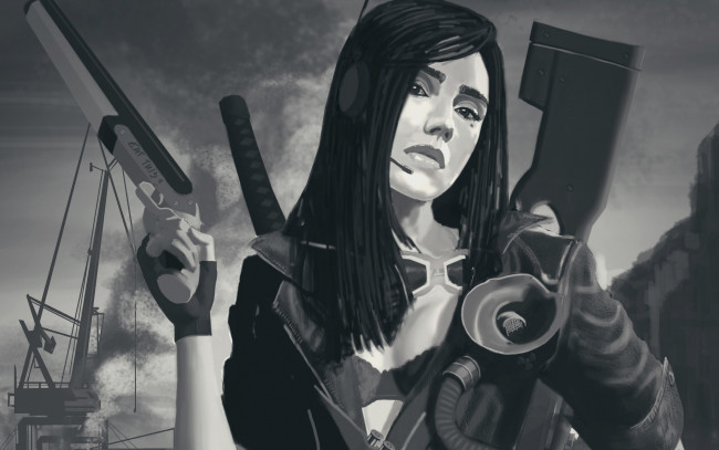 Обои картинки фото фэнтези, девушки, обрез, двустволка, меч, катана, патроны, art, девушка, взгляд