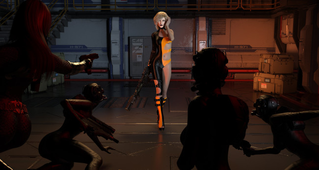 Обои картинки фото 3д графика, фантазия , fantasy, оружие, фон, взгляд, девушка