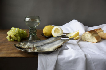 Картинка еда натюрморт сельдь скатерть лимон