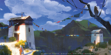 Картинка календари рисованные +векторная+графика птица здание гора дом 2019 calendar природа улица