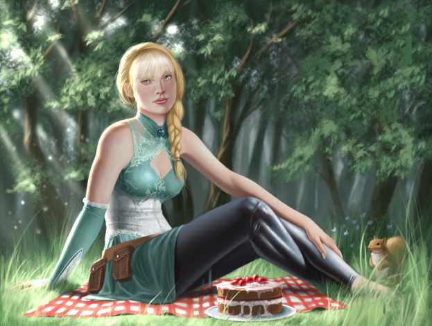 Обои картинки фото рисованное, люди, торт, белка, взгляд, фон, девушка