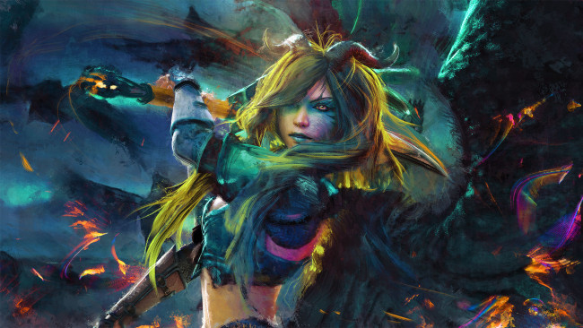 Обои картинки фото фэнтези, демоны, рога, взгляд, фон, девушка