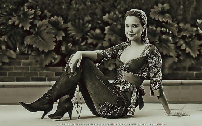 Обои картинки фото календари, компьютерный дизайн, сапоги, девушка, улыбка, растение, женщина, 2019, сидит, calendar