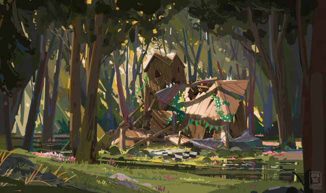 Обои картинки фото рисованное, города, развалины, лес