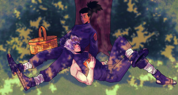 Картинка аниме naruto какаши ирука книга дерево корзина