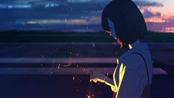 Картинка аниме summer+ghost девушка искры закат