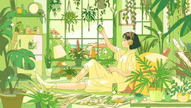 Обои картинки фото аниме, город,  улицы,  интерьер,  здания, девушка, наушники, телефон, цветы, комната