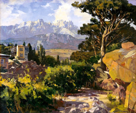 обоя рисованное, василий нестеренко, горы, дома, скалы, деревья, кусты