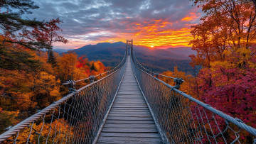 Картинка 3д+графика природа+ nature мост осень деревья лес горы закат