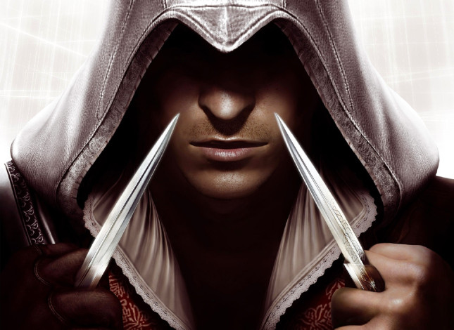 Обои картинки фото видео игры, assassin`s creed ii, ассасин, эцио, капюшон, лицо, оружие, лезвия