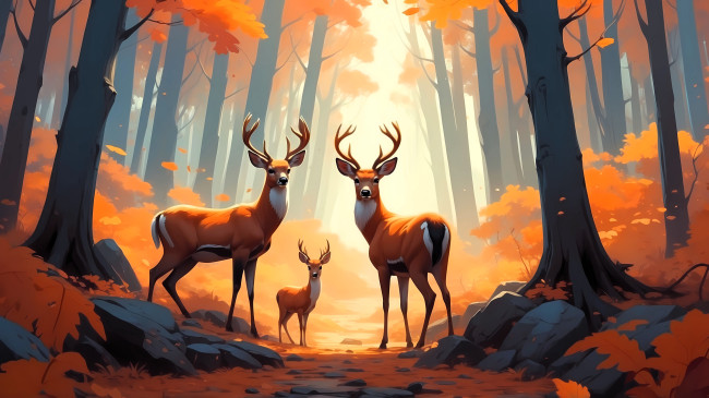 Обои картинки фото рисованное, животные,  олени, олени, лес, осень, деревья, дорожка, камни