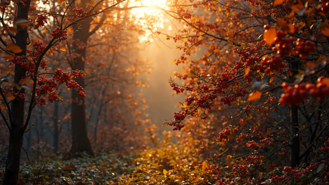 Обои картинки фото 3д графика, природа , nature, осень, лес, кусты, деревья, рябина, ягоды