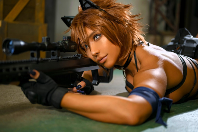 Обои картинки фото девушки, nonsummerjack, образ, косплей, наряд, ушки, белье, пол, винтовка, оружие