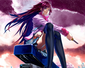 Картинка аниме bakemonogatari senjougahara+hitagi девушка форма инструменты нож ножницы небо облака степлер