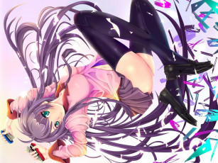 Картинка аниме bakemonogatari senjougahara+hitagi девушка форма инструменты степлер ножницы карандаш ручка