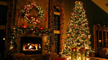 Картинка праздничные новогодний очаг камин ель украшения тюльпаны