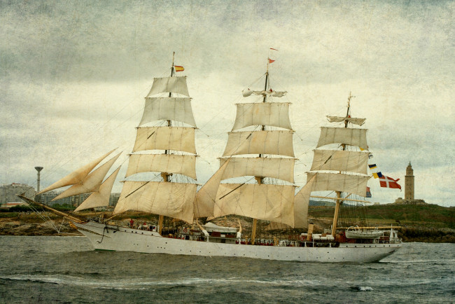 Обои картинки фото корабли, парусники, маяк, мачты, паруса