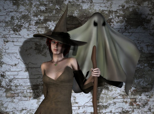 Картинка 3д+графика праздники+ holidays девушка взгляд шляпа посох привидения стена