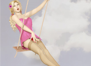 Картинка 3д+графика люди+ people качели взгляд облака девушка