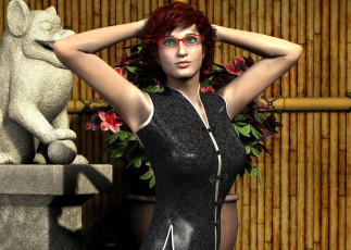 Картинка 3д+графика люди+ people девушка взгляд рыжая цветы скульптура