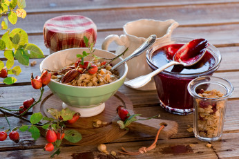 Картинка еда разное натюрморт завтрак джем шиповник мюсли