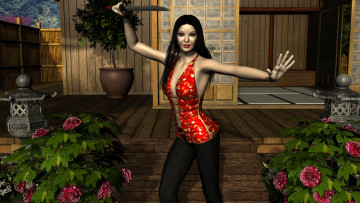 Картинка 3д+графика люди+ people цветы меч взгляд девушка