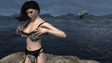 Картинка 3д+графика люди+ people взгляд море вертолет девушка
