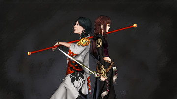 Картинка фэнтези девушки меч фон посох кимоно арт forgotten-wings