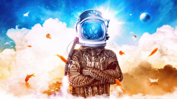 Картинка фэнтези фотоарт desktopography облака рыбки шлем