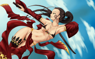 Картинка фэнтези девушки полет меч оружие грудь тату forgotten-wings art лифчик злость взгляд девушка