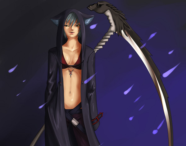 Обои картинки фото фэнтези, девушки, смерть, лифчик, взгляд, девушка, forgotten-wings, art, коса, оружие, капюшон, грудь