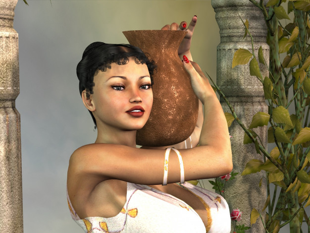 Обои картинки фото 3д графика, люди , people, взгляд, девушка, растения