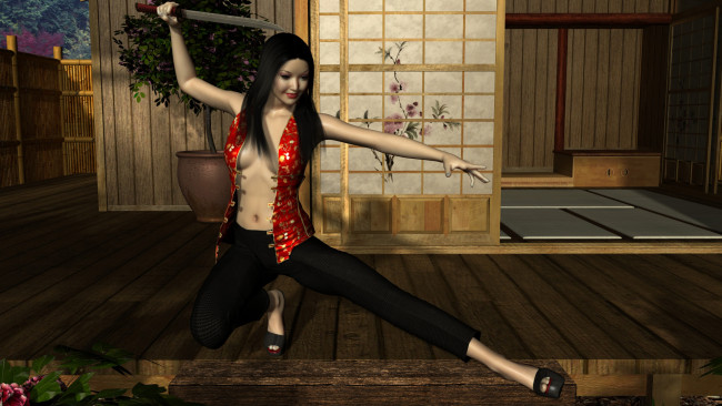 Обои картинки фото 3д графика, люди , people, меч, цветы, взгляд, девушка