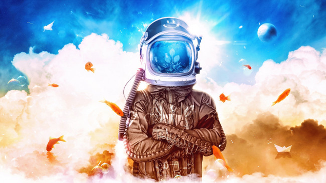 Обои картинки фото фэнтези, фотоарт, desktopography, облака, рыбки, шлем