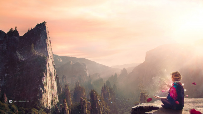 Обои картинки фото фэнтези, люди, медитация, женщина, горы, desktopography, птицы