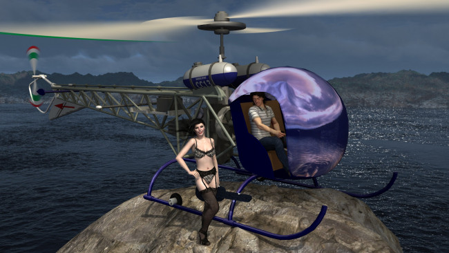 Обои картинки фото krystiana, 3д графика, люди , people, вертолет, девушка, море, взгляд