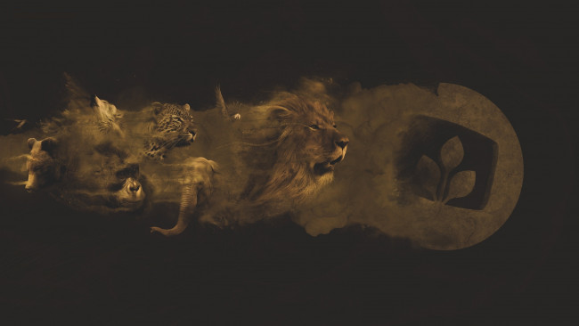 Обои картинки фото разное, компьютерный дизайн, звери, горилла, слон, лев, пыль, эмблема, волк, медведь, попугай, леопард, desktopography