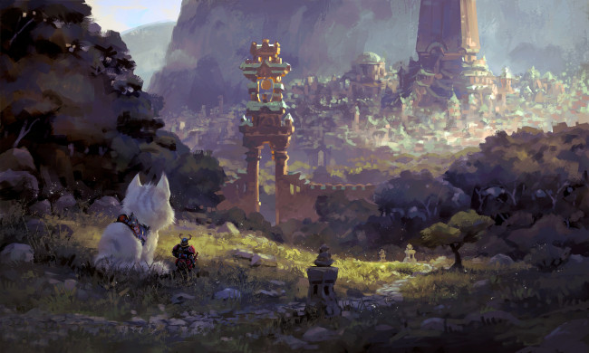 Обои картинки фото фэнтези, иные миры,  иные времена, воин, врата, город, существо, всадник