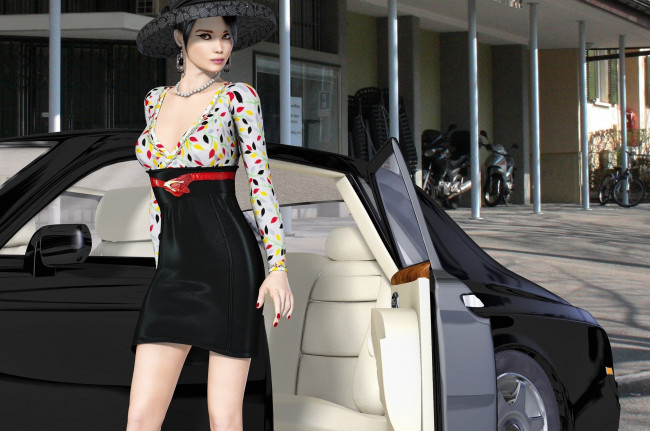 Обои картинки фото 3д графика, люди , people, шляпа, автомобиль, взгляд, девушка