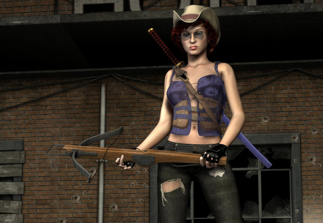 Обои картинки фото 3д графика, люди , people, девушка, взгляд, оружие