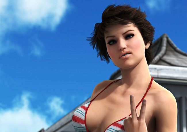 Обои картинки фото 3д графика, портрет , portraits, девушка, взгляд, жест, облака