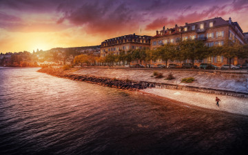 Картинка города -+улицы +площади +набережные обработка облака дома река берег