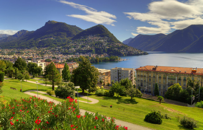Обои картинки фото ticino - switzerland, города, - панорамы, ландшафт, озеро лугано, пейзаж, lugano, озеро, лугано, lake lugano, деревья, панорама, дома, тичино, ticino, alps, здания, switzerland, горы, альпы, швейцария