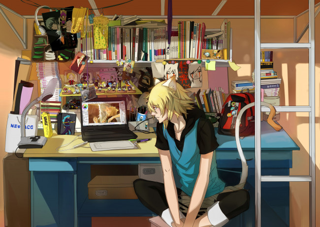 Обои картинки фото аниме, lamento, парень, компьютер, ламенто