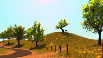 Картинка рисованное природа ограда шина дорога холм деревья