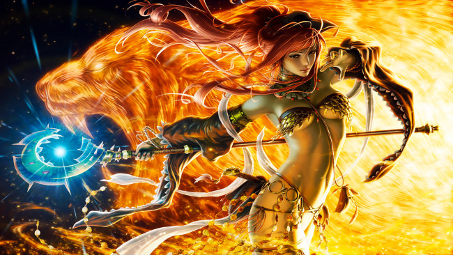 Обои картинки фото 3д графика, фантазия , fantasy, девушка, фон, взгляд