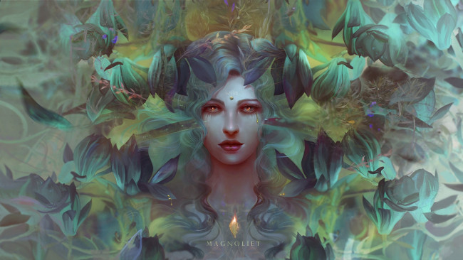 Обои картинки фото фэнтези, девушки, триада, иллюстрация, магнолия, арт