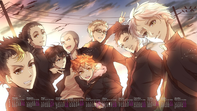 Обои картинки фото календари, аниме, фотосессия, птица, очки, много, парень