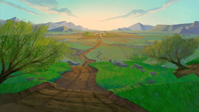 Обои картинки фото рисованное, природа, гора, растения, деревья, дорога