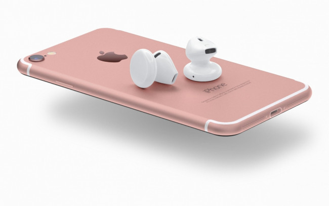 Обои картинки фото бренды, iphone, 7, cell, phone, headset, wireless, airpods, smartphone, pink, smartphones, technology, logo, high, tech